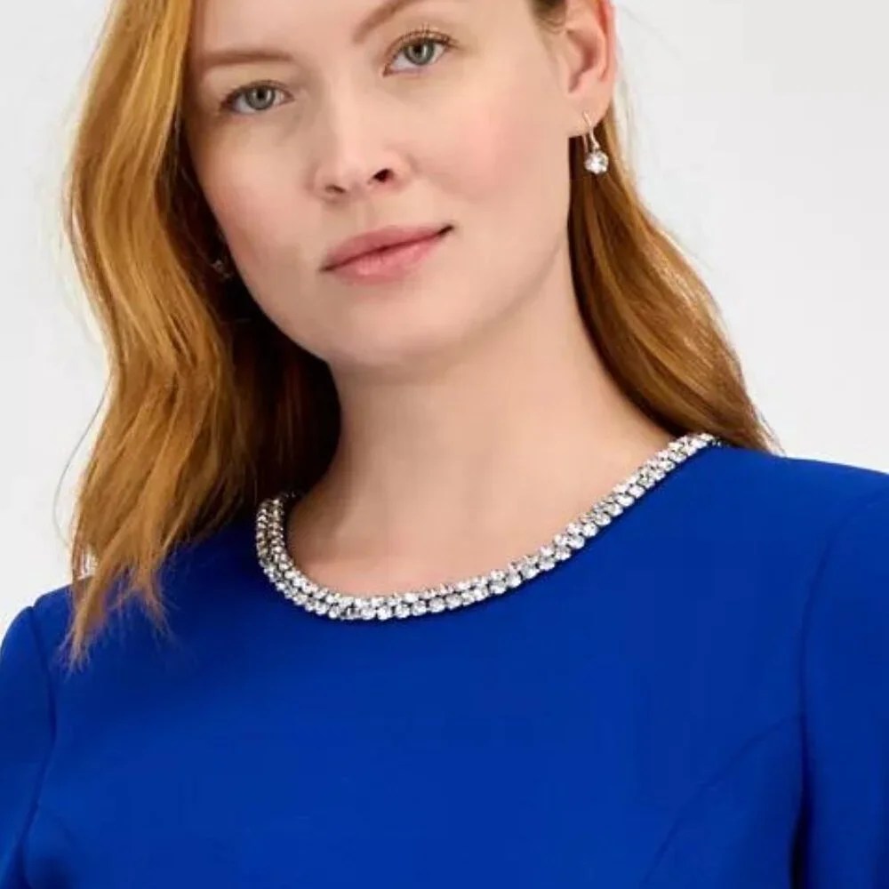 Tahari Cobalt Blue Rhinestone Trim Shift Dress - Size 12 - NWT - Picture 2 of 5